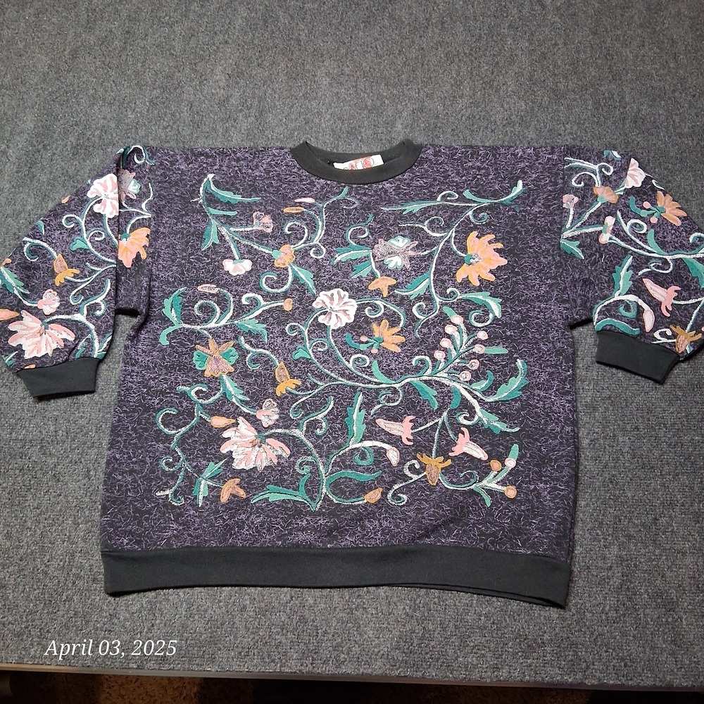 VTG Bacio Spectravest Sweatshirt Women Sz Medium Purple‎ Floral Print 80s 90s